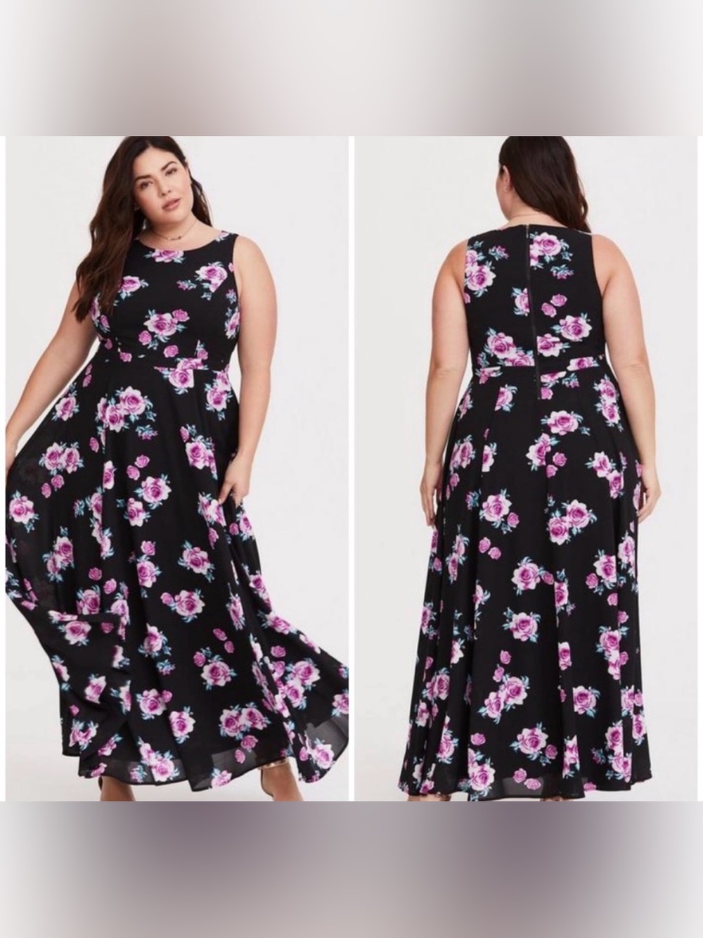 Torrid Black Floral Maxi Dress Women’s 14 Pink Rose Sleeveless Chiffon Lined